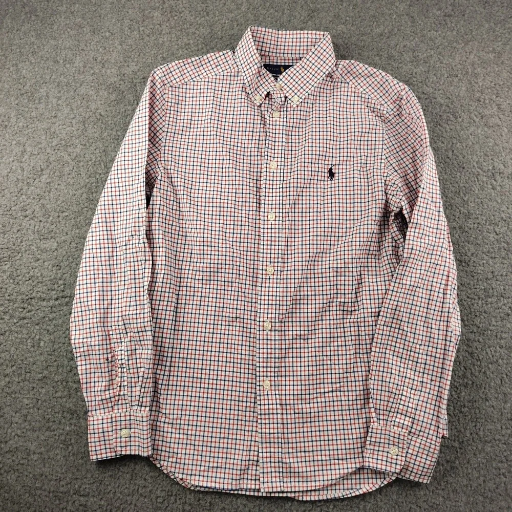 Ralph Lauren Button Up Shirt Red Blue Plaid Size Youth 14-16 Natural Stretch